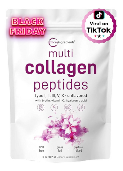 Micro Ingredients Multi Collagen Protein Powder, 2 libras – Tipo I, II, III, V, X con Biotina, Ácido Hialurónico, Vitamina C. ||| Oferta anticipada de Black Friday